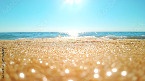 Close-up shot of the sand on a beach with the ocean and sun in the background. photo