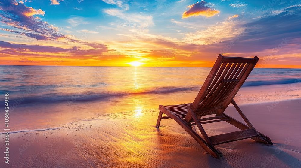 A wooden beach chair, empty and inviting, faces the glowing horizon at sunset. The vivid colors of the sky reflect off the calm sea, making it a perfect spot to watch the day fade away.