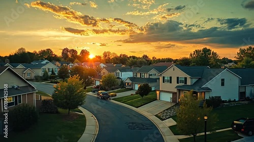 Suburban neighborhood street at sunset with vibrant sky