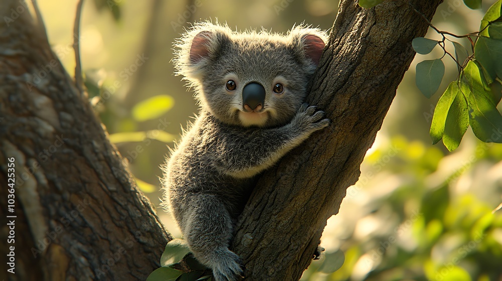 Fototapeta premium Adorable koala cub playfully climbing a tree branch surrounded by lush greenery in its natural habitat