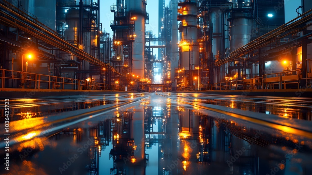 Naklejka premium Illuminated Industrial Refinery Complex at Night with Reflections in Water