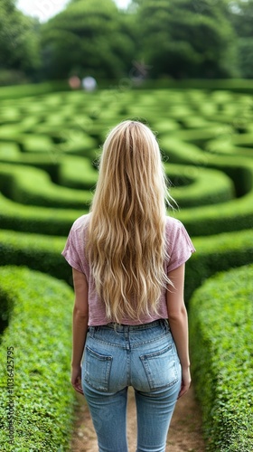 Young woman navigating a lush green maze on a sunny day. photo