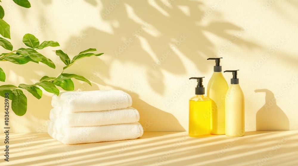 Fresh Spa Essentials with Towels and Bottles Fresh Spa Essentials with Towels and Bottles