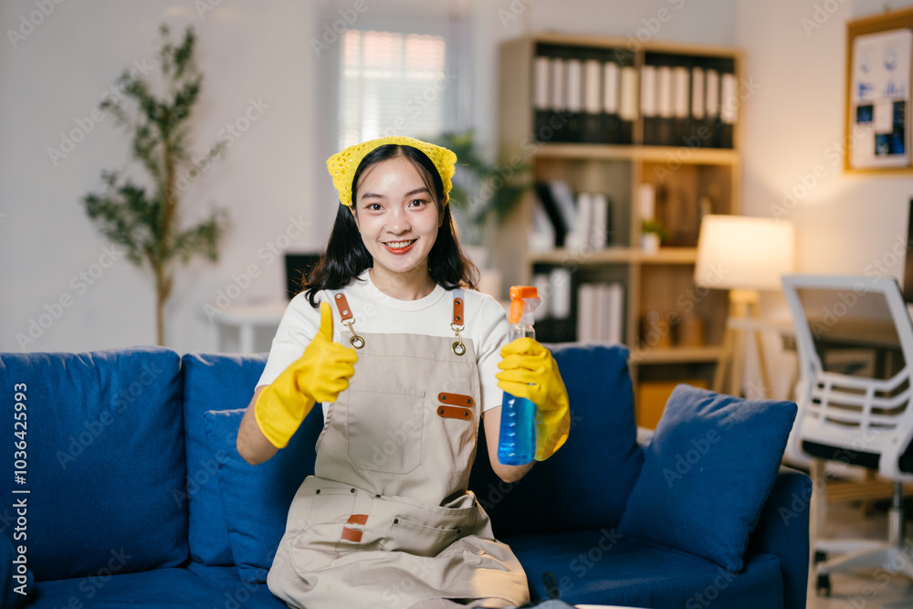 Cheerful young woman in yellow gloves sits on a sofa. Holding a cleaning product and giving a thumbs up. Recommending it with a smile. She looks directly at the camera in a cozy living room setting Cheerful young woman in yellow gloves sits on a sofa. Holding a cleaning product and giving a thumbs up. Recommending it with a smile. She looks directly at the camera in a cozy living room setting