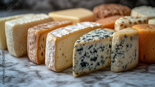 Colorful Assortment of Gourmet Cheeses on Marble Surface