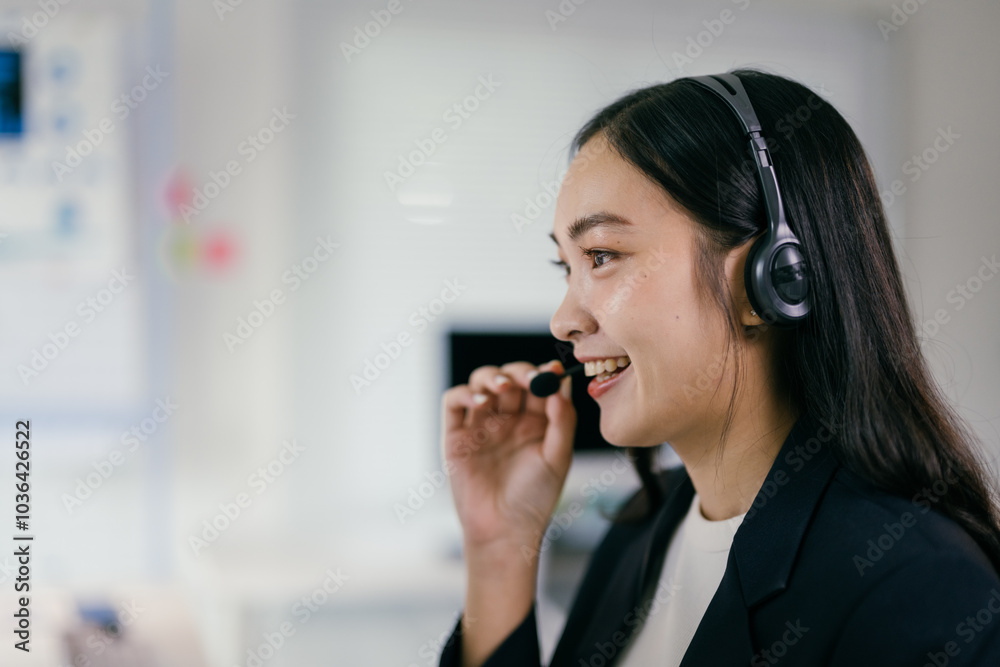 Asian woman customer service agent smiles and talks on a headset in a bright office. She listens attentively, offering support in a modern call center setting Asian woman customer service agent smiles and talks on a headset in a bright office. She listens attentively, offering support in a modern call center setting