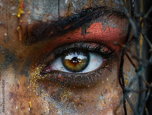 Close-Up of a Captivating Eye with Golden Glitter Makeup