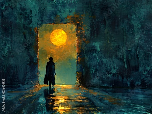 Silhouette of a Person Walking Towards a Bright Moon Through a Doorway