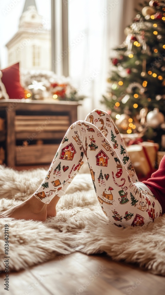 An empty scene featuring blank mockup template (Christmas leggings with gingerbread house print), 