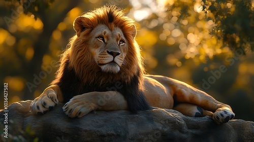 Majestic lion resting on a rock under soft golden light in a serene natural habitat