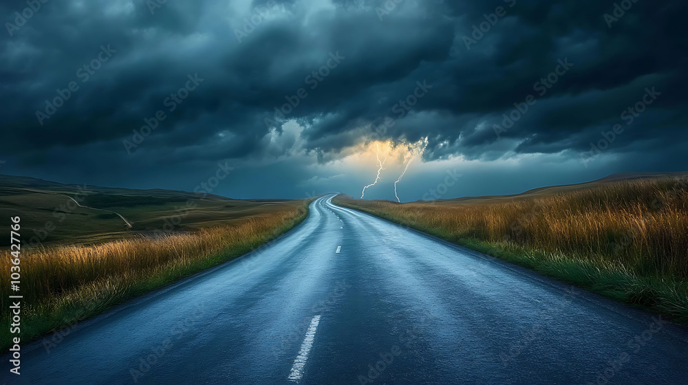 Naklejka premium A winding asphalt road cuts through a vast, rolling landscape under a dramatic, stormy sky. A lightning strike illuminates the dark clouds overhead, suggesting a sense of foreboding or danger.