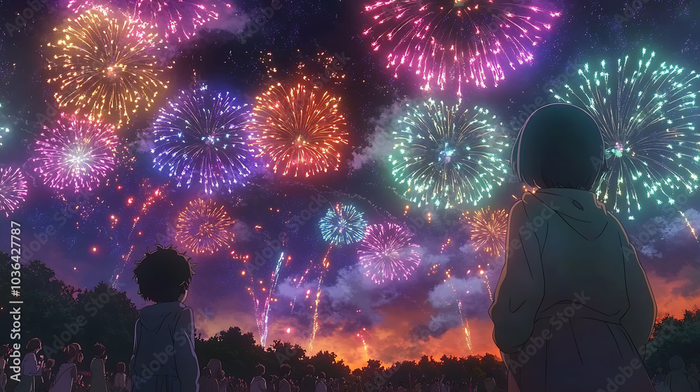 Two people watch a vibrant fireworks display light up the night sky, surrounded by a crowd of spectators. Two people watch a vibrant fireworks display light up the night sky, surrounded by a crowd of spectators.
