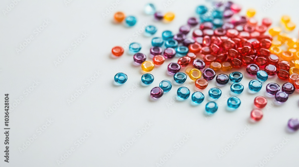 Close-up of colorful plastic beads scattered on a white table, showcasing vibrant colors and textures for arts and crafts purposes --chaos Close-up of colorful plastic beads scattered on a white table, showcasing vibrant colors and textures for arts and crafts purposes --chaos
