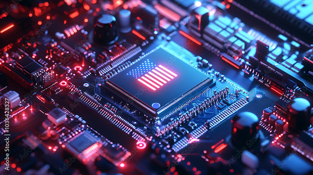 Obraz premium A close-up of a circuit board with a CPU chip illuminated in red and blue light.