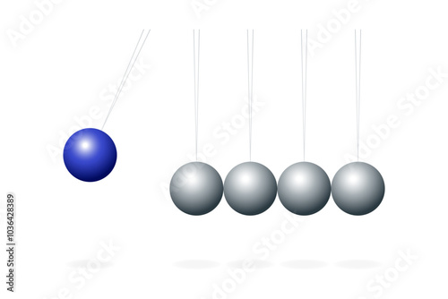 Newton's cradle with blue sphere. Device that demonstrates the principles of conservation of momentum and of energy in physics. The blue ball creates a pressure wave that pushes the last ball upwards.