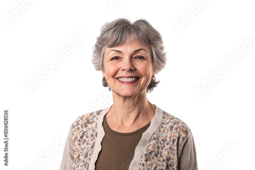 A smiling senior woman with blond hair radiates happiness, embodying beauty and confidence as a businesswoman and grandmother isolated on transparent and white background.PNG image