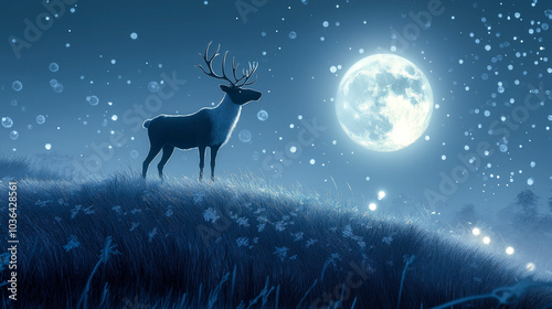 A reindeer stands on a grassy hill under the full moon. The concept of Christmas, nature, serenity, and wildlife under a mystical night sky. Generative AI.