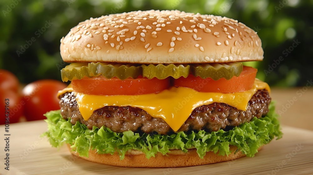Delicious layered cheeseburger with fresh vegetables and toppings perfect for any meal or gathering Delicious layered cheeseburger with fresh vegetables and toppings perfect for any meal or gathering