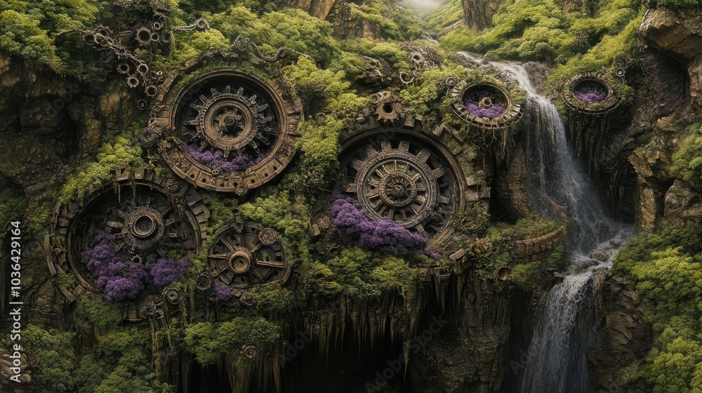 Fototapeta premium Mechanical Gears Integrated into Nature