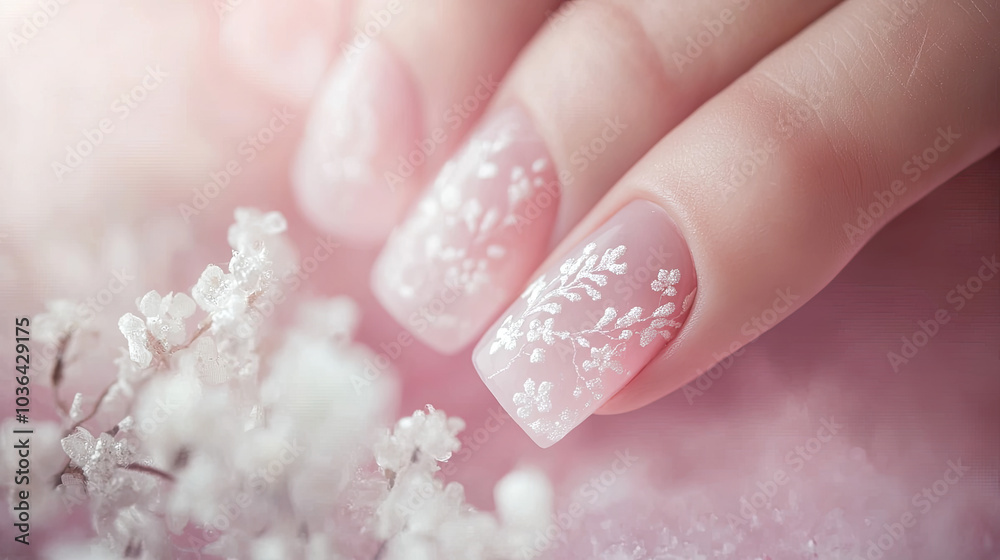 Close-up of short nails with a pastel pink base and delicate white floral designs, set against a soft background. --chaos Close-up of short nails with a pastel pink base and delicate white floral designs, set against a soft background. --chaos