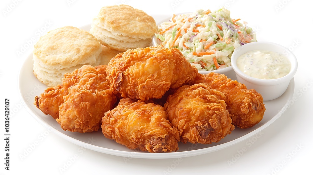 Delicious plate of crispy fried chicken served with fluffy biscuits creamy coleslaw and tangy dipping sauce for a perfect southern meal