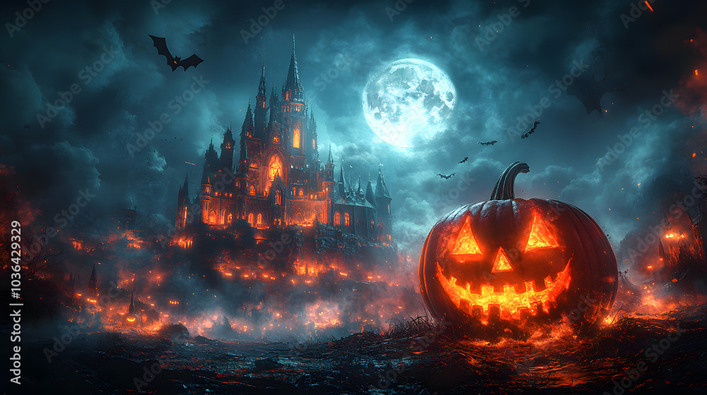 Spooky Haunted House in the Background with Glowing Windows, Dark Trees, and a Full Moon Setting an Eerie Atmosphere.
Spooky Haunted House in the Background with Glowing Windows, Dark Trees, and a Full Moon Setting an Eerie Atmosphere.
