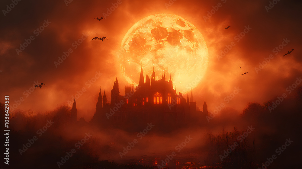 Spooky Haunted House in the Background with Glowing Windows, Dark Trees, and a Full Moon Setting an Eerie Atmosphere.
Spooky Haunted House in the Background with Glowing Windows, Dark Trees, and a Full Moon Setting an Eerie Atmosphere.