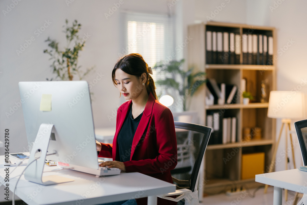 Fototapeta premium Determined young businesswoman working at a modern office desk, typing on a computer. Her red jacket adds a pop of color to the professional setting
