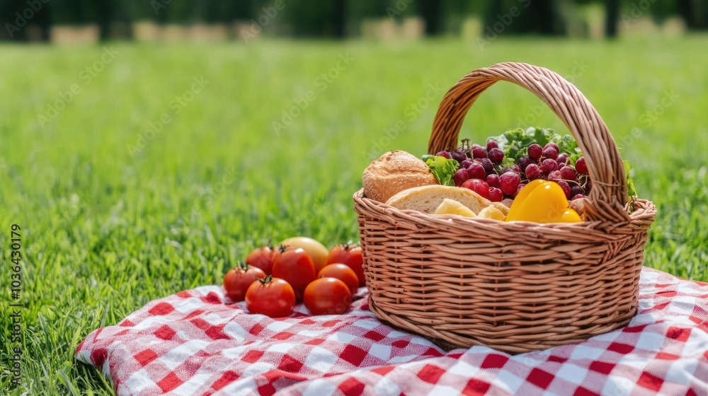 A delightful picnic scene with a basket full of fresh fruits on green grass perfect for outdoor dining and relaxation A delightful picnic scene with a basket full of fresh fruits on green grass perfect for outdoor dining and relaxation