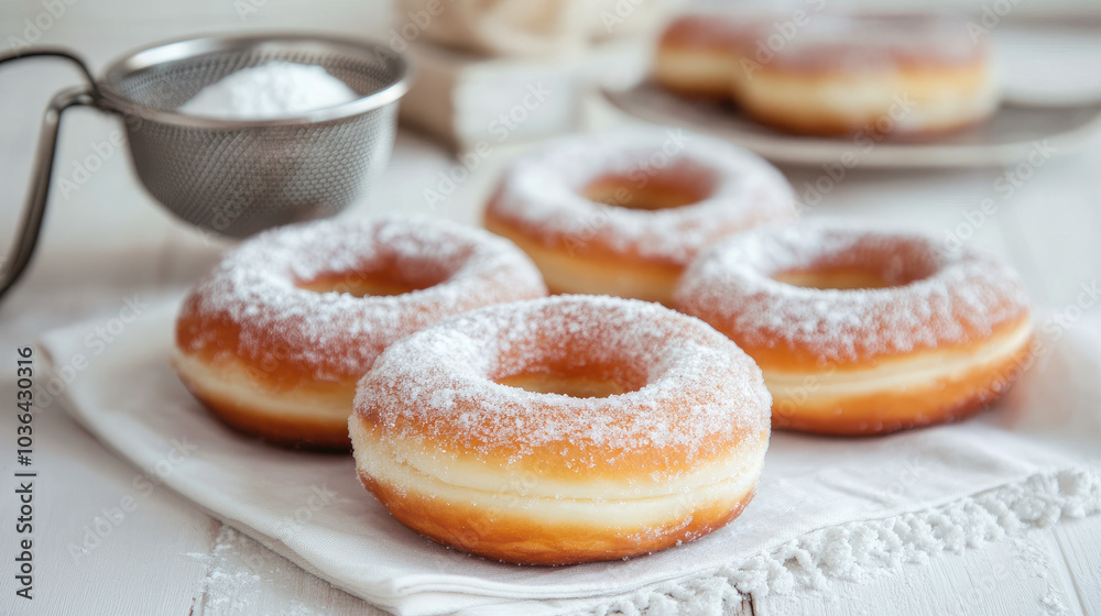 Donuts sprinkled with sugar lined up on a white tablecloth, with a sifter in the background and a dusting of powdered sugar for a fresh look --chaos Donuts sprinkled with sugar lined up on a white tablecloth, with a sifter in the background and a dusting of powdered sugar for a fresh look --chaos