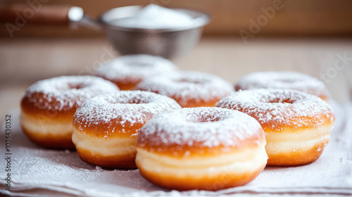 Donuts sprinkled with sugar lined up on a white tablecloth, with a sifter in the background and a dusting of powdered sugar for a fresh look --chaos