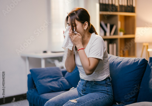 Young woman is sitting on her couch at home, blowing her nose with a tissue. She is feeling unwell and trying to recover from a cold