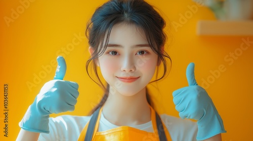 A happy woman with a cheerful expression in cleaning uniform and blue gloves, who shows two thumbs up getting ready. General cleaning and tidying day	 photo