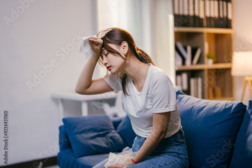 Obraz na plátně Young woman is wiping sweat from her forehead with a tissue while sitting on her