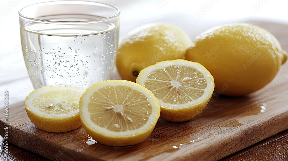 Freshly sliced lemons with water drops on them, placed on a wooden cutting board next to a glass of lemon water. --chaos Freshly sliced lemons with water drops on them, placed on a wooden cutting board next to a glass of lemon water. --chaos