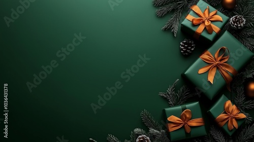 Christmas background with gifr boxes and fir branches photo