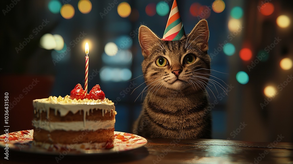 Cat Celebrating His Birthday with a Piece of Cake and Party Hat Cat Celebrating His Birthday with a Piece of Cake and Party Hat