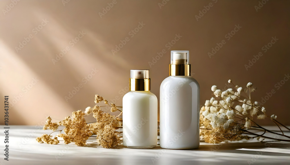 luxury two different care products with gold cap and white colors, close-up shot, minimalist luxury two different care products with gold cap and white colors, close-up shot, minimalist