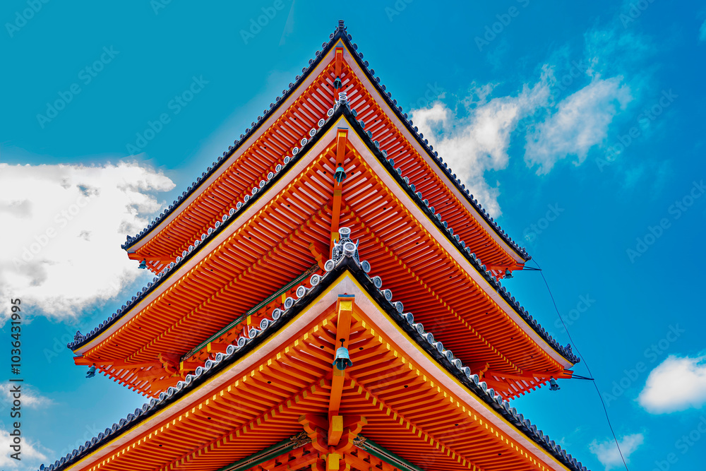 Closed up of the traditional Japanese eaves of the pagoda under blue sky Closed up of the traditional Japanese eaves of the pagoda under blue sky