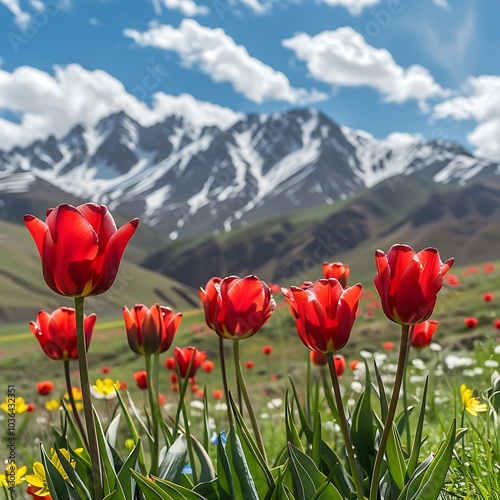 Tulip field in Georgia, mountains. Spring landscape