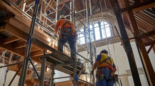 A group of builders constructing scaffolding around a historic bell tower for renovation work, Bell tower scaffolding scene, Heritage preservation style