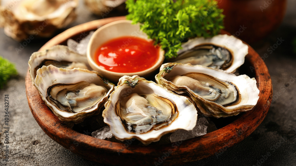 Fresh oysters in shell served on a rustic plate with a side of hot sauce, creating a perfect coastal delicacy. --chaos Fresh oysters in shell served on a rustic plate with a side of hot sauce, creating a perfect coastal delicacy. --chaos