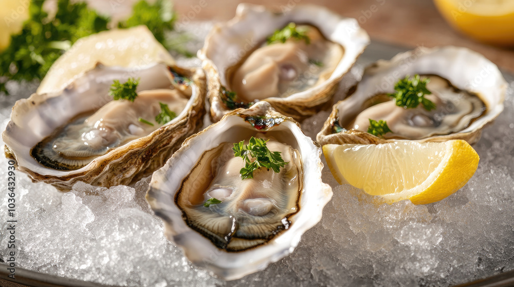 Fresh oysters in shell served on crushed ice, garnished with lemon wedges and parsley, creating a luxurious seafood presentation. --chaos Fresh oysters in shell served on crushed ice, garnished with lemon wedges and parsley, creating a luxurious seafood presentation. --chaos