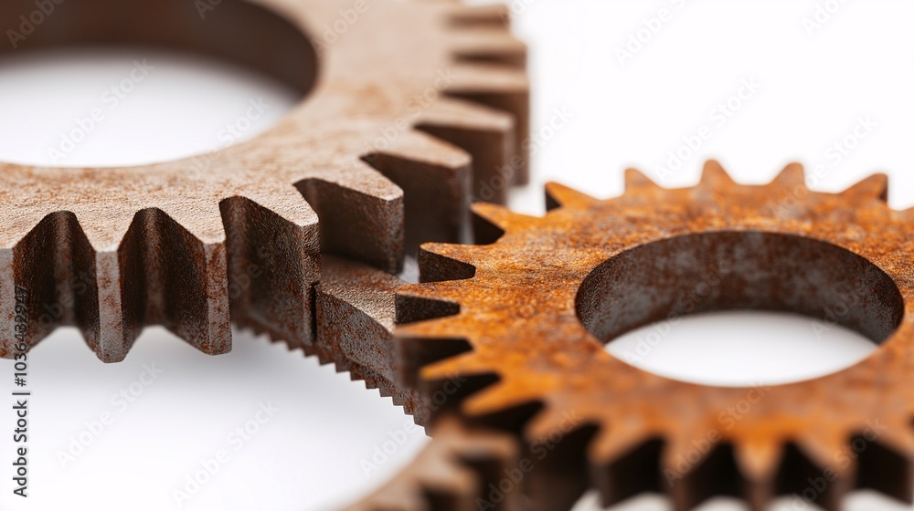Rusty Gears Interlock: A close-up shot of three rusty metal gears meshing together, symbolizing intricate mechanics and the interconnectedness of systems. Rusty Gears Interlock: A close-up shot of three rusty metal gears meshing together, symbolizing intricate mechanics and the interconnectedness of systems.