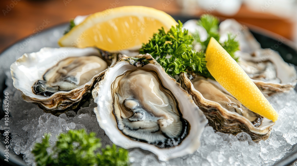 Fresh oysters in shell served on crushed ice, garnished with lemon wedges and parsley, creating a luxurious seafood presentation. --chaos Fresh oysters in shell served on crushed ice, garnished with lemon wedges and parsley, creating a luxurious seafood presentation. --chaos