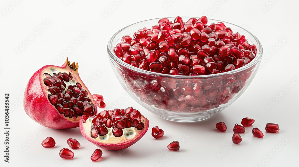 Fresh red pomegranate seeds in a glass bowl, with a halved fruit and scattered seeds nearby on a white background, creating a clean and bright scene --chaos Fresh red pomegranate seeds in a glass bowl, with a halved fruit and scattered seeds nearby on a white background, creating a clean and bright scene --chaos