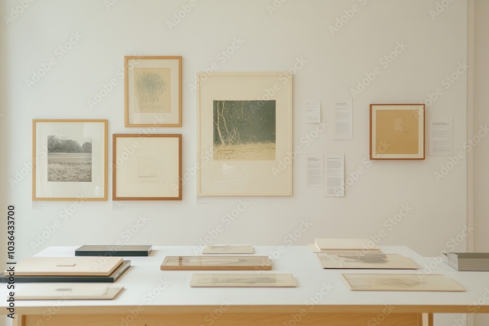 Fototapeta premium Museum Display Featuring Vintage Graphs and Historical Artifacts on Clean White Walls