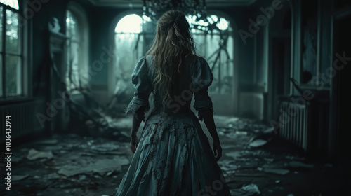 Terrifying Victorian ghost with ghostly features and a torn, vintage dress, appearing in the gloom of a Victorian ballroom with shattered chandeliers and eerie silence.