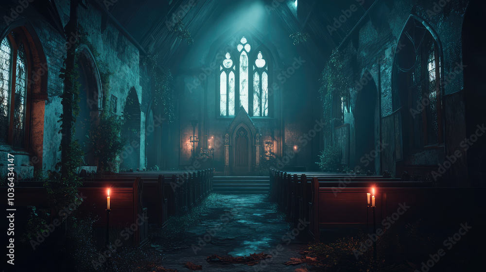 A haunted Victorian church, eerie shadows dance from flickering candlelight, with a faint haze filling the air. A haunted Victorian church, eerie shadows dance from flickering candlelight, with a faint haze filling the air.