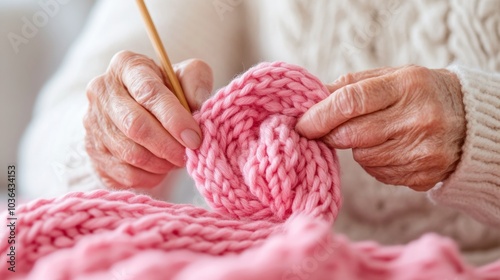 Elderly Woman Knitting Pink Scarf in Natural Light for Charity – Crafting and Care Concept photo